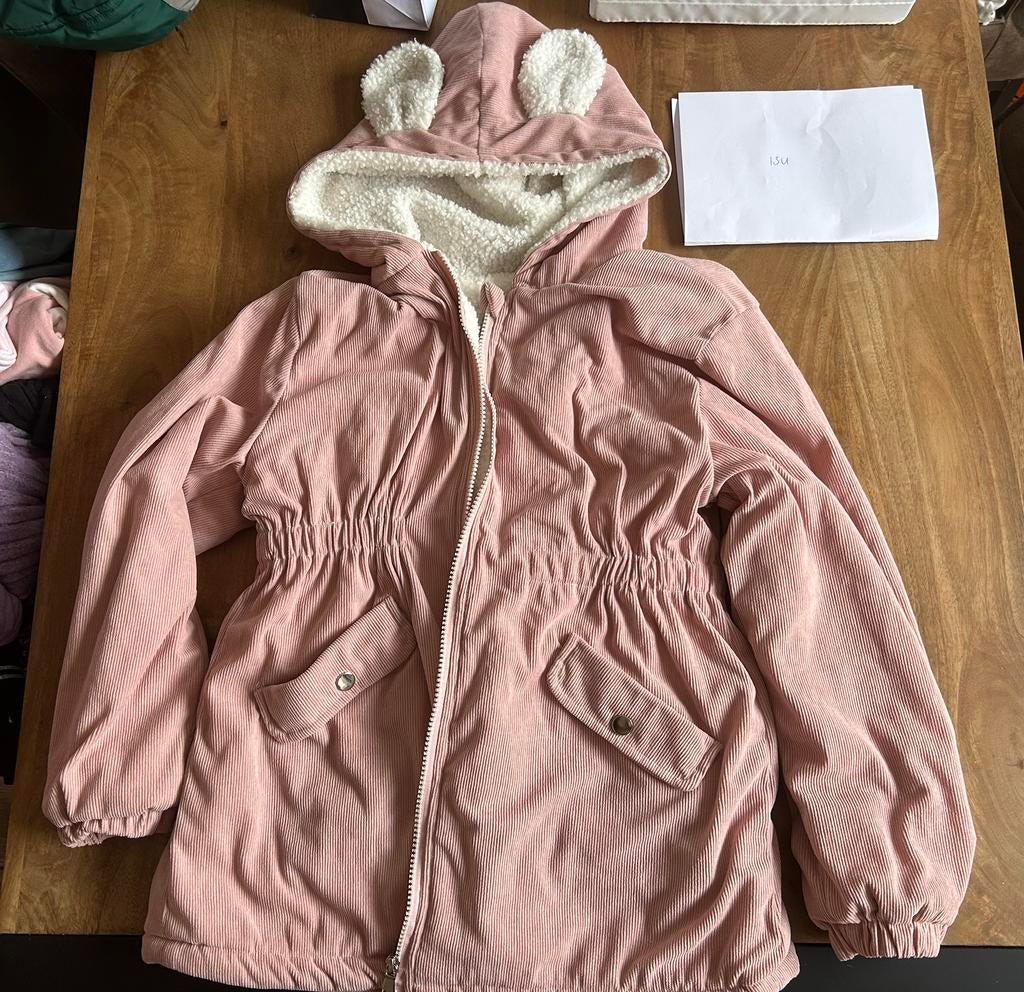 Gevoerde corduroy jas met oortjes zachtroze maat 134, Ophalen of Verzenden, Zo goed als nieuw, Meisje, Jas