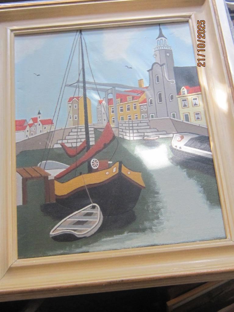 Rotterd. Delfshaven, Naief schilderijtje met Pelgrimkerk, Antiek en Kunst, Ophalen of Verzenden