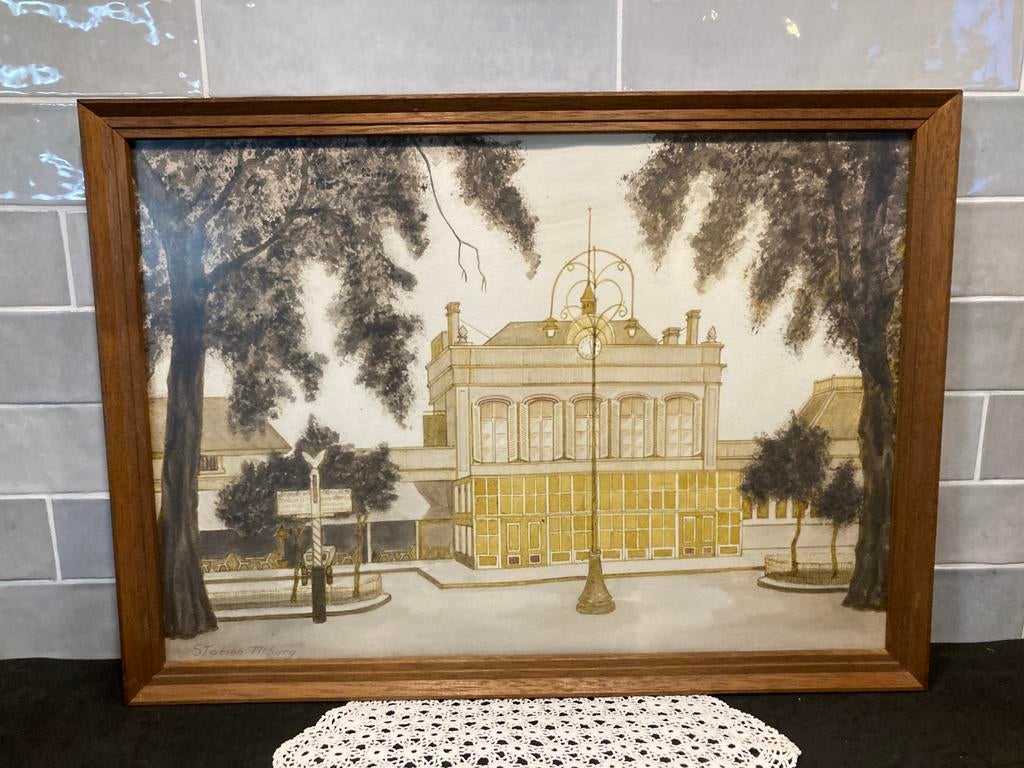 Schilderij van Station Tilburg (110226), Ophalen of Verzenden, Zo goed als nieuw, Schilderij