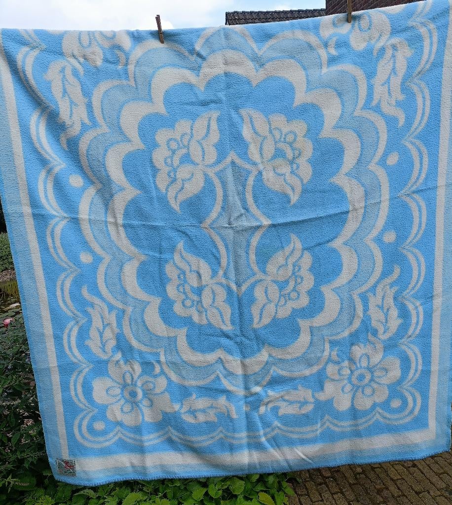 Vintage LEIDEN jaren 1950 blauw wollen deken 1.70 x 2.20 mt, Gebruikt, Blauw, Tweepersoons, Ophalen of Verzenden