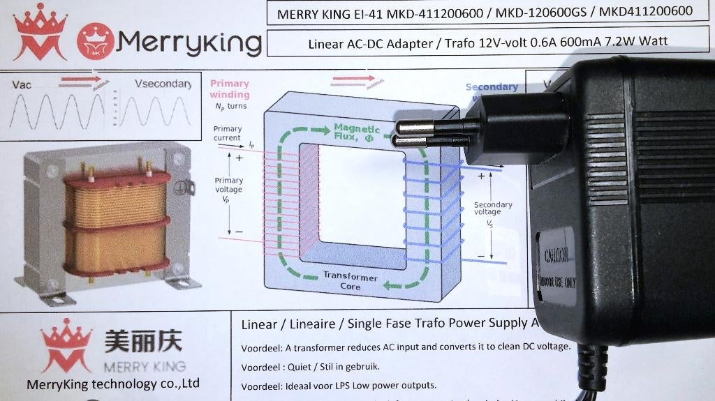 MERRY KING MKD41-1200600 12V 0.6A AC DC Adapter Oplader, Ophalen of Verzenden, Zo goed als nieuw