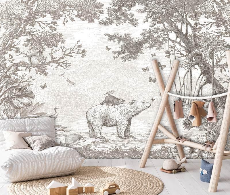 Fotobehang / Behang - Kinderkamer - Bosdieren Taupe, Verzenden, Nieuw, Wanddecoratie, Info@fotobehangkoning.nl