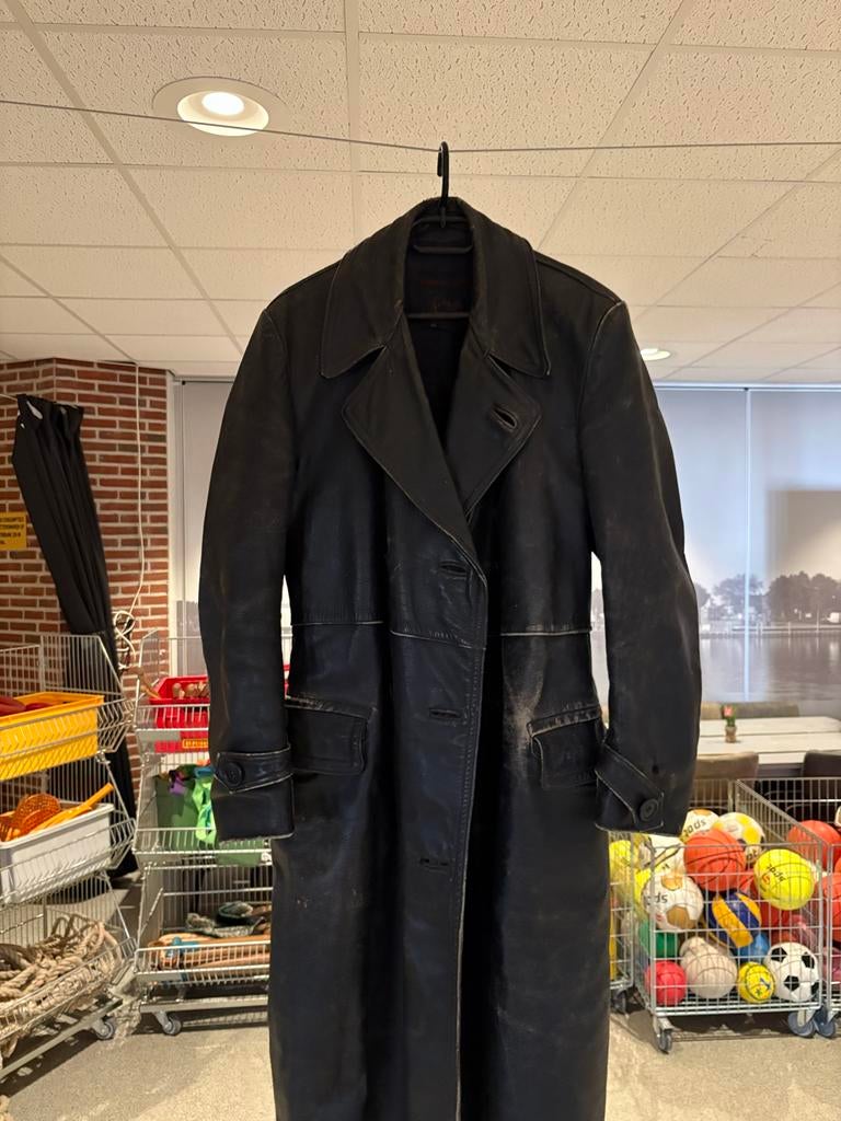 2 Vintage Leren Jas - Lange Heren solexjas bruine en zwart, Ophalen, Gedragen, Overige maten, Zwart