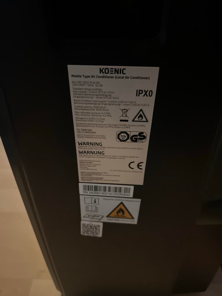 Mobiele airco Koenic KAC 9022 B WLAN, Ophalen, Minder dan 60 m³, 3 snelheden of meer, Zo goed als nieuw