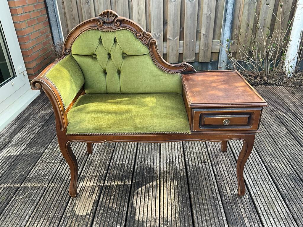 Antiek Telefoonbankje - Velours Zitting & Houtsnijwerk, Ophalen