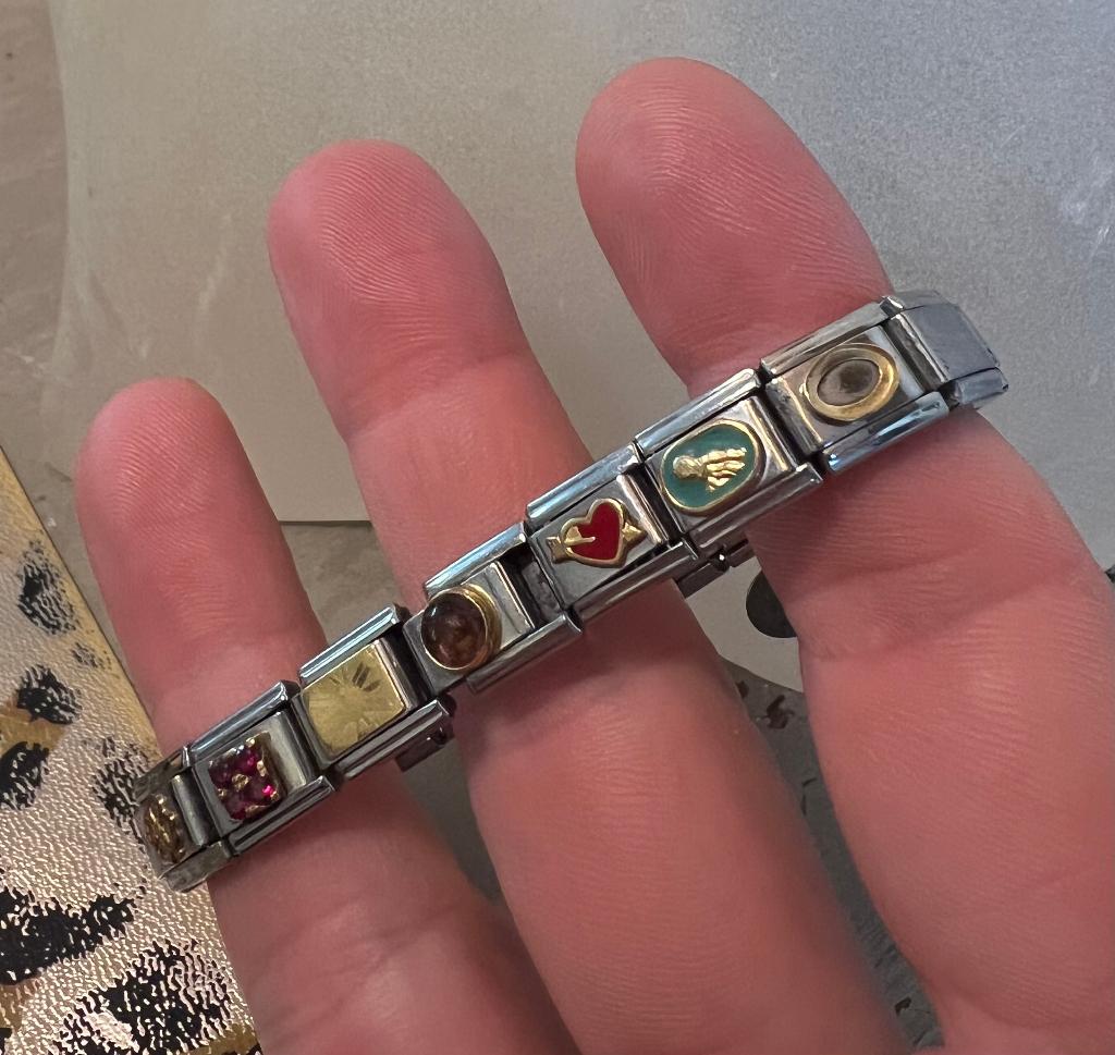 Vintage Zoppini zilverkleurige armband verguld parel bedels, Overige materialen, Ophalen of Verzenden, Zo goed als nieuw, Goud