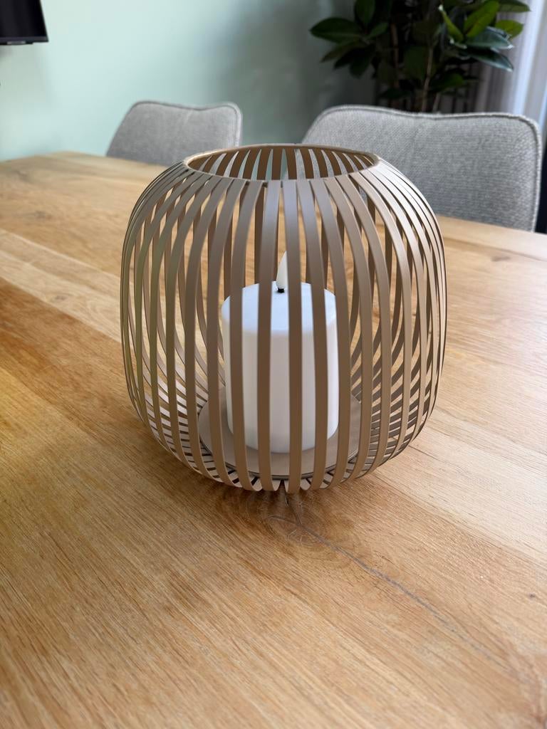 LED lantaarn met timer en kaars, beige metaal, Beige, Nieuw, Ophalen of Verzenden, Metaal