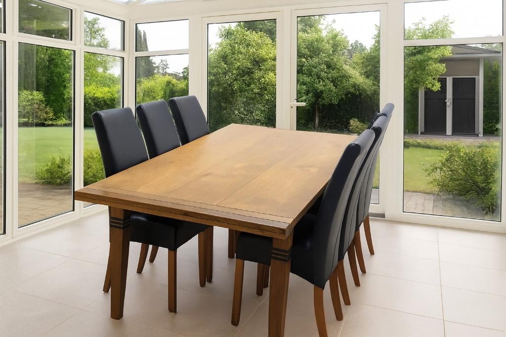 Stijlvolle eettafel (uitschuifb.tot 3m) met 6 leren stoelen, Ophalen, Gebruikt, 100 tot 150 cm, Eikenhout