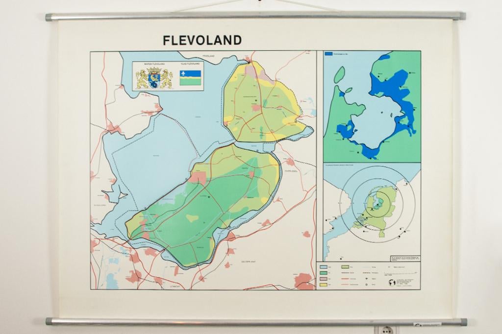 Vintage, retro schoolkaart, wandkaart provincie Flevoland, Ophalen, Aardrijkskunde