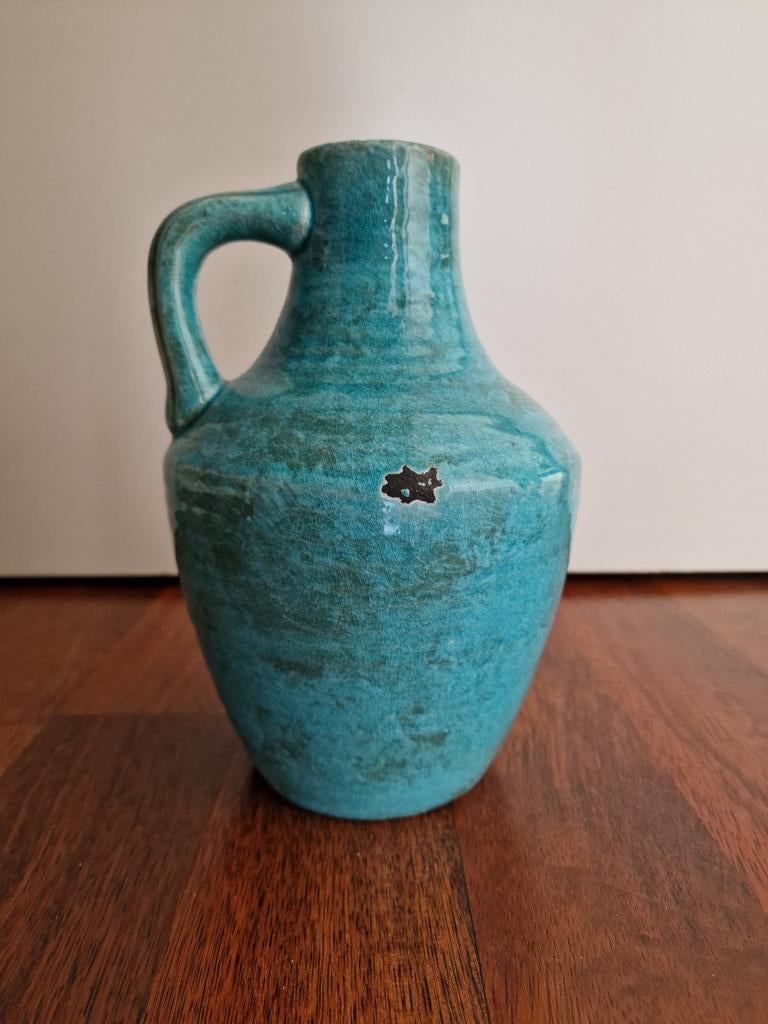 Turquoise keramische vaas of kruik met handvat, Huis en Inrichting, Ophalen, Blauw, Aardewerk of Porselein, Zo goed als nieuw