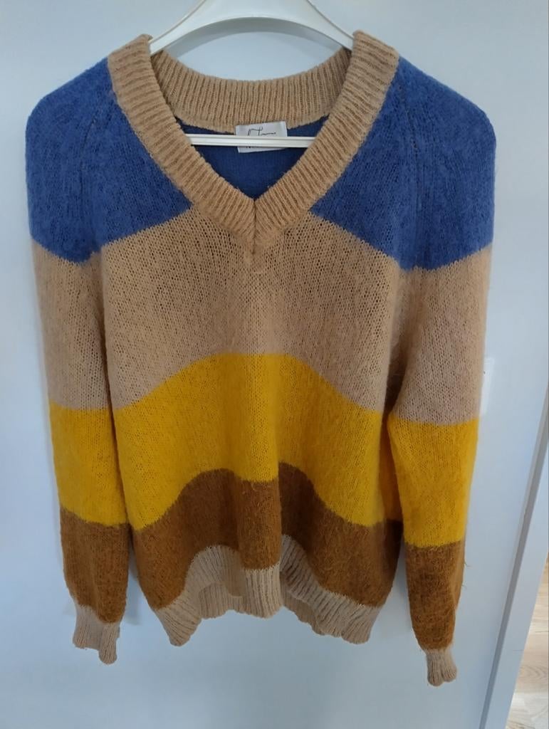 Heart mind trui gebreid blauw geel bruin maat M, Ophalen of Verzenden, Zo goed als nieuw, Blauw