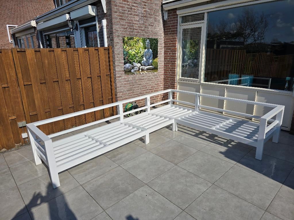Te koop Loungebank hoek, alu, 7 persoons, grijze kussens, Ophalen, Gebruikt, Aluminium, Loungeset