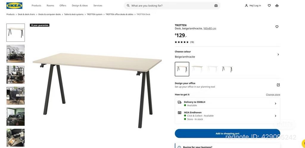 IKEA TROTTEN desk - 160x80 cm, Zo goed als nieuw, Vier personen, Rechthoekig, 50 tot 100 cm
