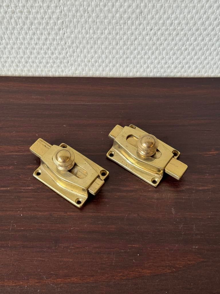 Zware Vintage Koperen Schuifslot, Schuifslotjes, Kastslot, Ophalen of Verzenden, Gebruikt, Koper of Messing, Slot