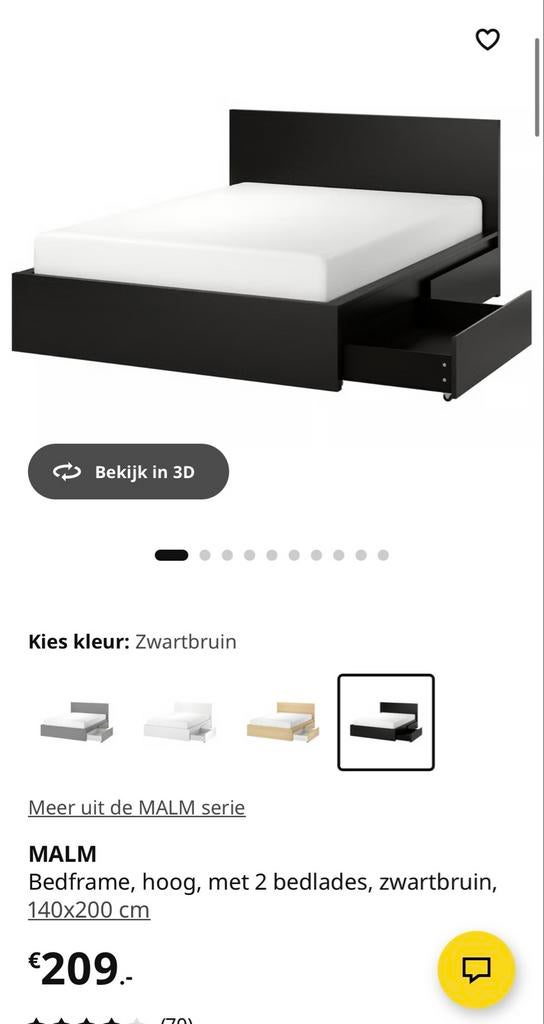 Ikea Malm bed 140x200 cm met matras en lattenbodem, Ophalen, Zwart, Tweepersoons, 140 cm