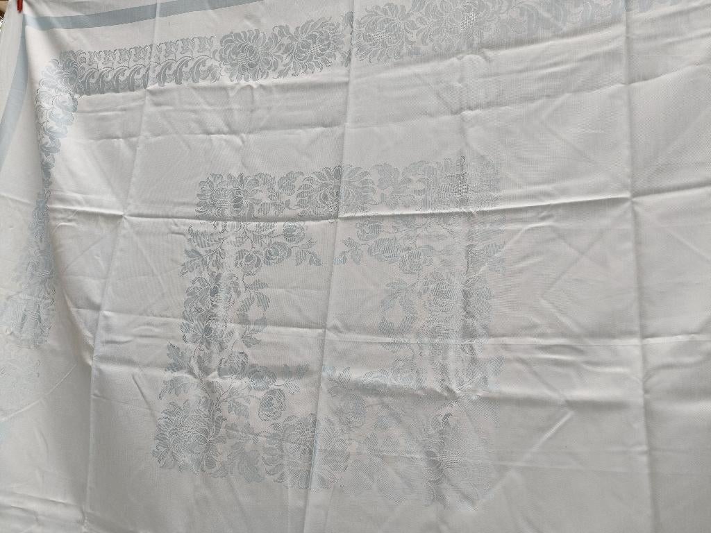 NIEUW Vintage damast tafelkleed blauw+6 servet 165x130 (KT3), Ophalen of Verzenden, Nieuw, Rechthoek