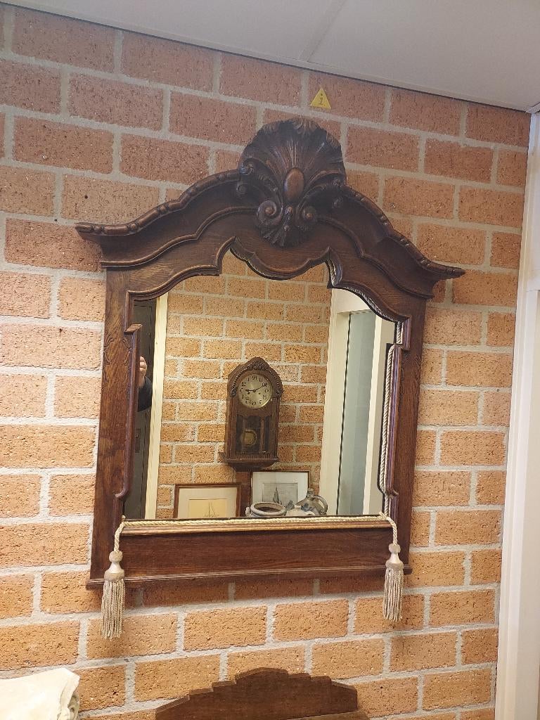 Antieke Barokspiegel, eiken lijst met gestoken kuif., Ophalen, Overige vormen, 50 tot 100 cm, 100 tot 150 cm