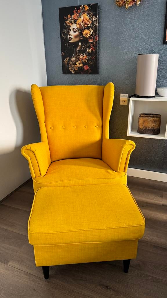 IKEA Strandmon Oorfauteuil met Voetenbank - Geel, Ophalen, Rechthoekig, Stof