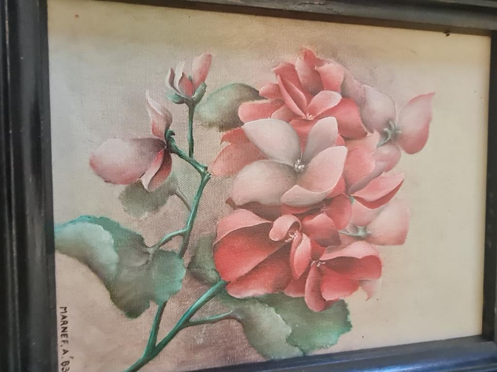 Olieverf schilderij geranium op doek, Antiek en Kunst, Kunst | Schilderijen | Klassiek, Ophalen of Verzenden