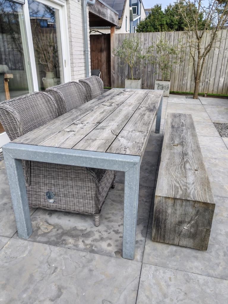 Houten tuintafel met metalen onderstel 90 x 300cm, Ophalen, Gebruikt, Rechthoekig, Hout