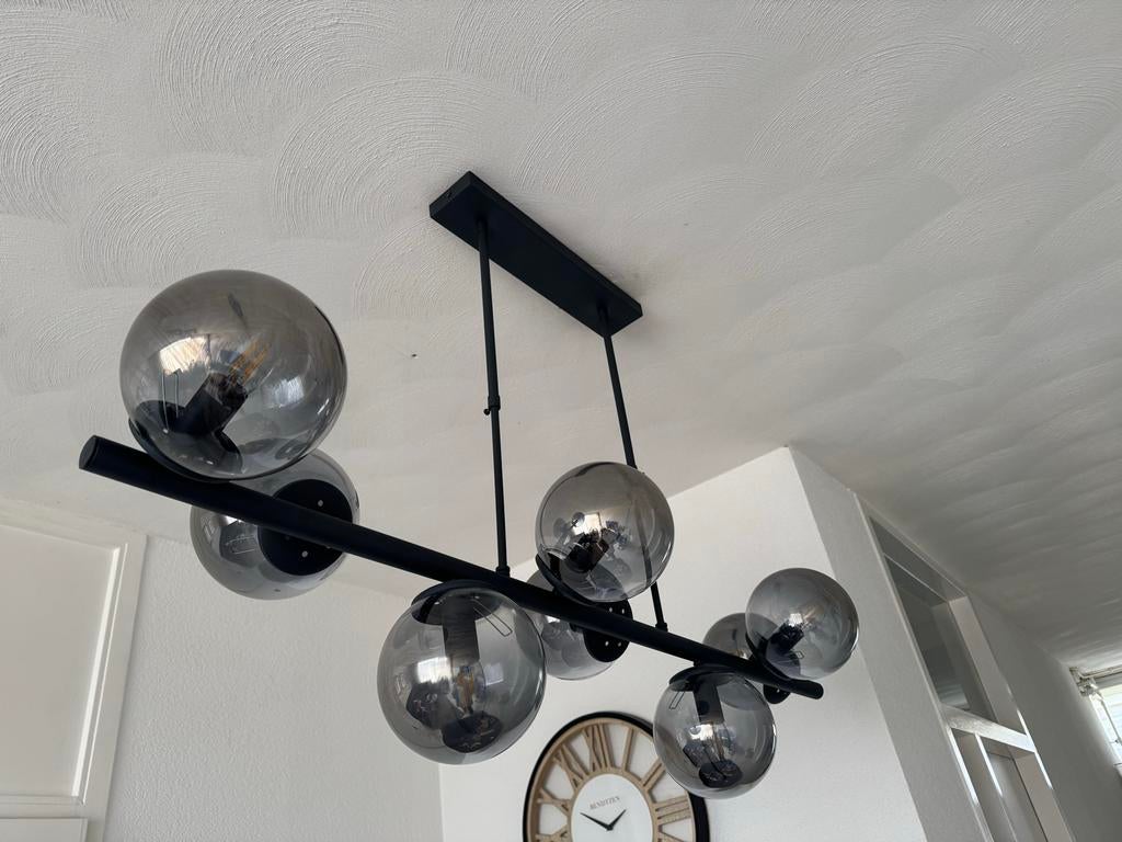 Smokeglas bollen hanglamp, Ophalen, Gebruikt, Glas, 50 tot 75 cm