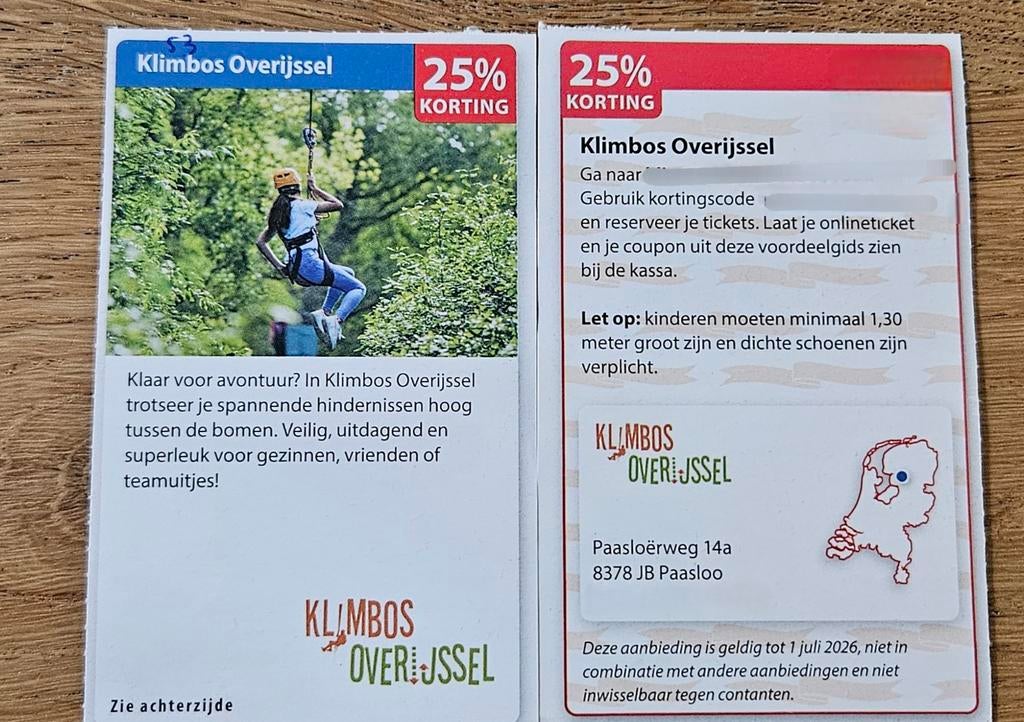 Klimbos Overijsel. 25% korting., Tickets en Kaartjes, Drie personen of meer, Kortingskaart