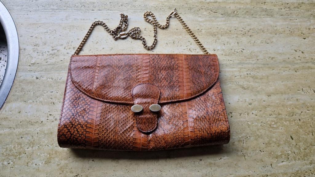 Chique slangenleer damestas, Ophalen of Verzenden, Zo goed als nieuw, Bruin, Schoudertasje