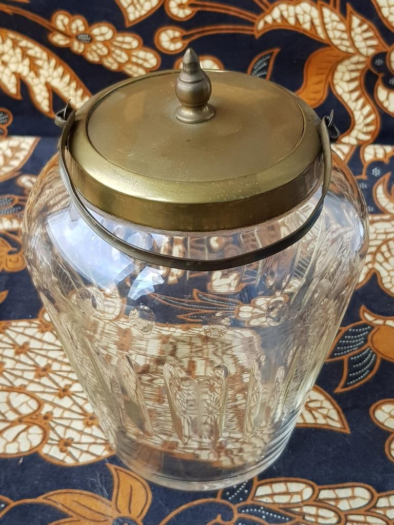 Mooie oude Engelse koekjespot van glas en koper 19 cm., Antiek en Kunst, Ophalen of Verzenden