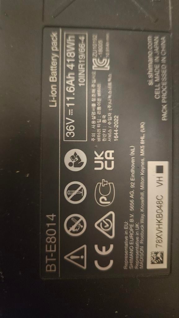 Shimano BT-E8014 E-bike accu 36V 11.6Ah 418Wh, Ophalen of Verzenden, Gebruikt
