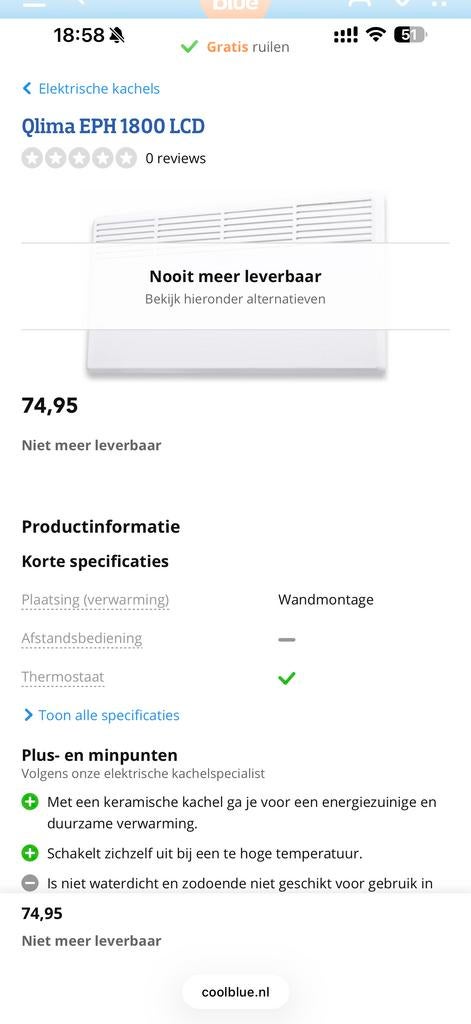 Qlima EPH 1800 LCD elektrische paneelverwarming wit, Huis en Inrichting, Kachels, Ophalen, Overige soorten, Elektrisch, Zo goed als nieuw