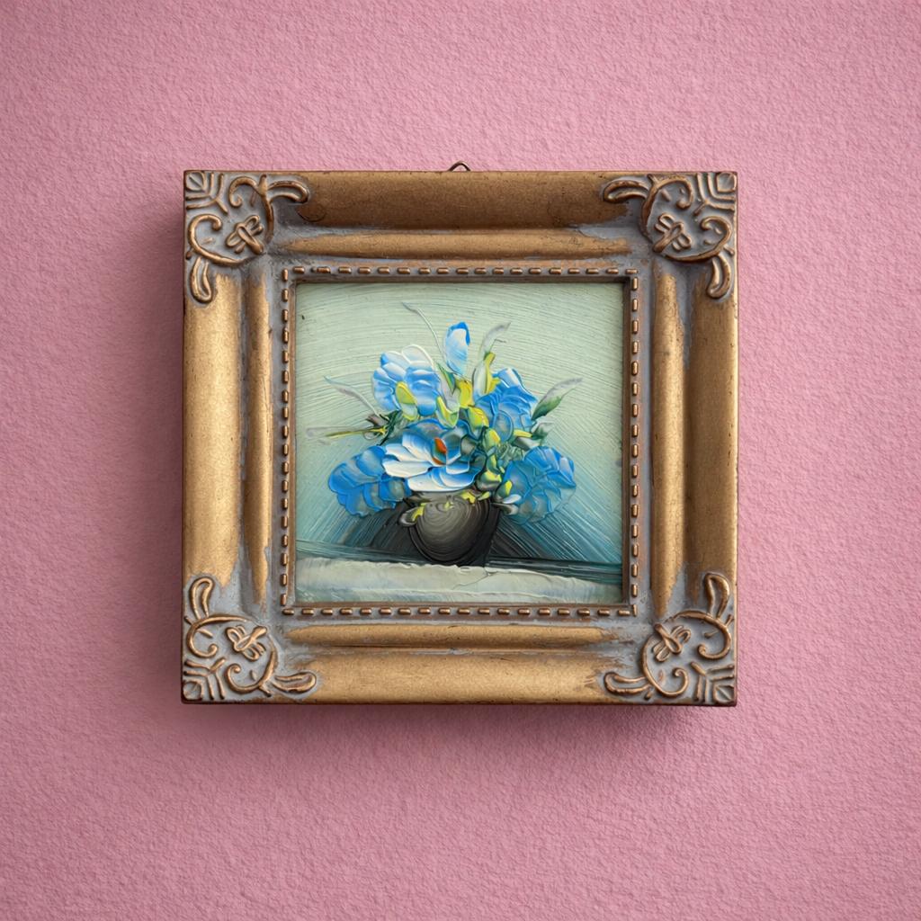 Vintage Olieverf Mini Schilderijtje Bloemen Goudkleurige Lij, Ophalen of Verzenden