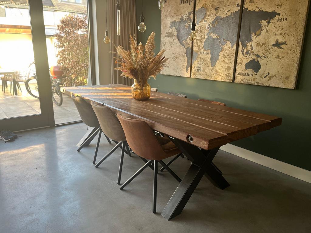 Robuuste Azobe Draglineschot Tafel met Stalen Poten, Gebruikt, 200 cm of meer, Vijf personen of meer, Rechthoekig