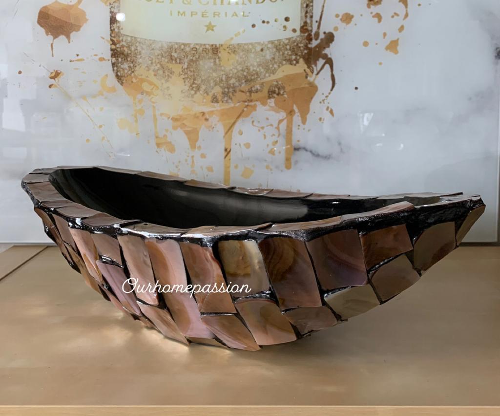 SCHELPEN VAAS SCHUIT MOTHER OF PEARL ERIC KUSTER BROWN TAUPE, Ophalen of Verzenden, Zo goed als nieuw, Rond, Hout