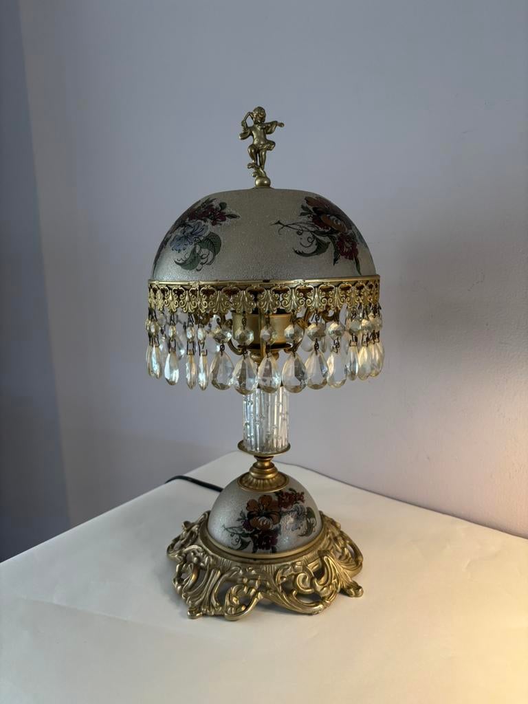 Vintage tafellamp met cherubijn knop en kristallen prisma’s, *, Gebruikt, Verzenden, *