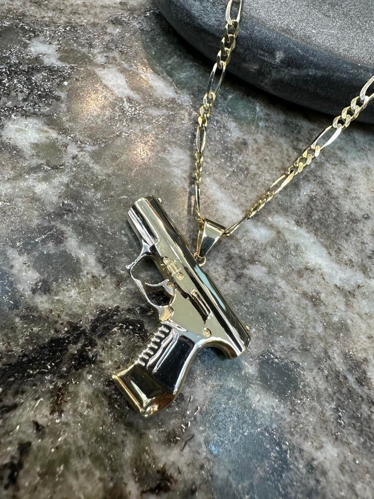 14k Gouden Figaro Ketting met Pistool Hanger - Massief, Ophalen of Verzenden, Nieuw, Goud, Met hanger