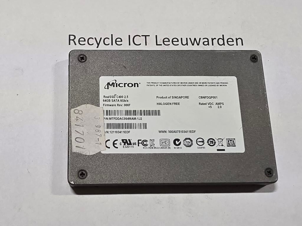 Micron 64gb laptop ssd hdd hardeschijf c400, Intern, Gebruikt, Ophalen of Verzenden, Micron
